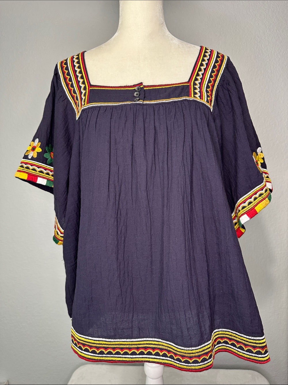 Madewell Navy Embroidered Square-Neck Peasant Top Boho XXL